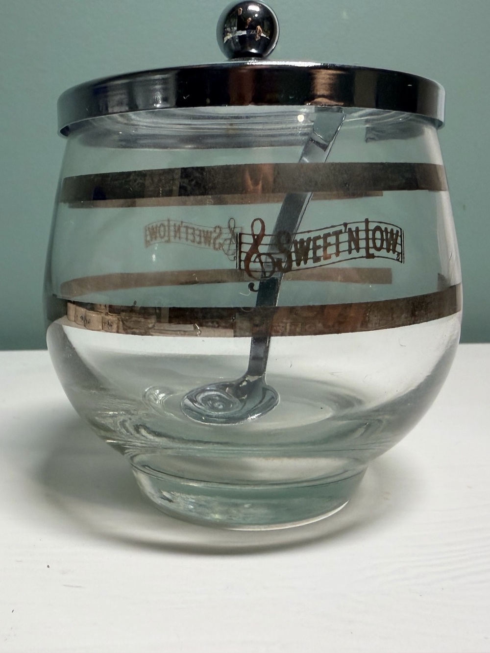 Vintage Sweet N Low Lidded Glass Sugar Bowl with Metal Spoon